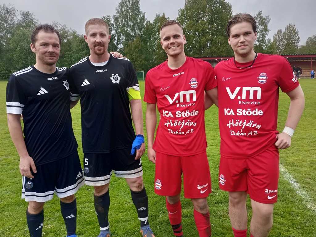 Målgörarna i 2-2-derbyt mellan Stöde och Wiskan. Fr v Elias Johansson, Christian Wilhsson, Rasmus Paulsson och Alvin Sjögren. Foto Pia Skogman, Lokalfotbollen.nu.