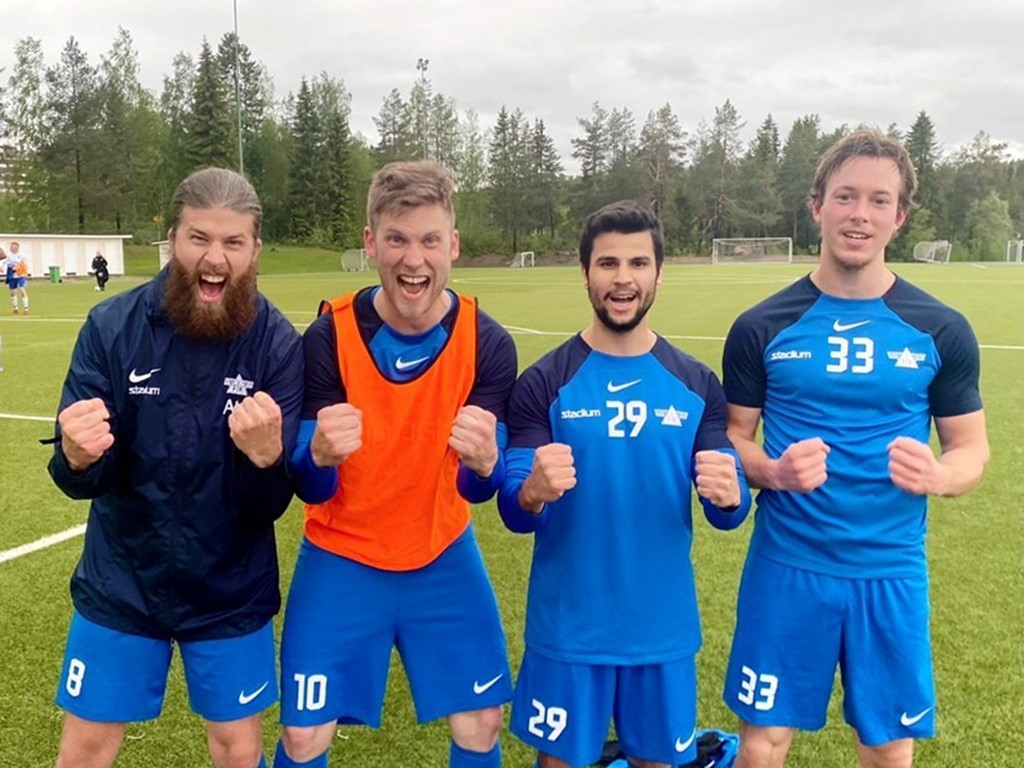Fränstas målgörare i 6-1-vinsten över IFK Sundsvall, fr v. Adam Kerfstedt, Oskar Nordlund (2) Valerik Danielian (2) och Jordan Gidhammar . Foto: Fränsta IK