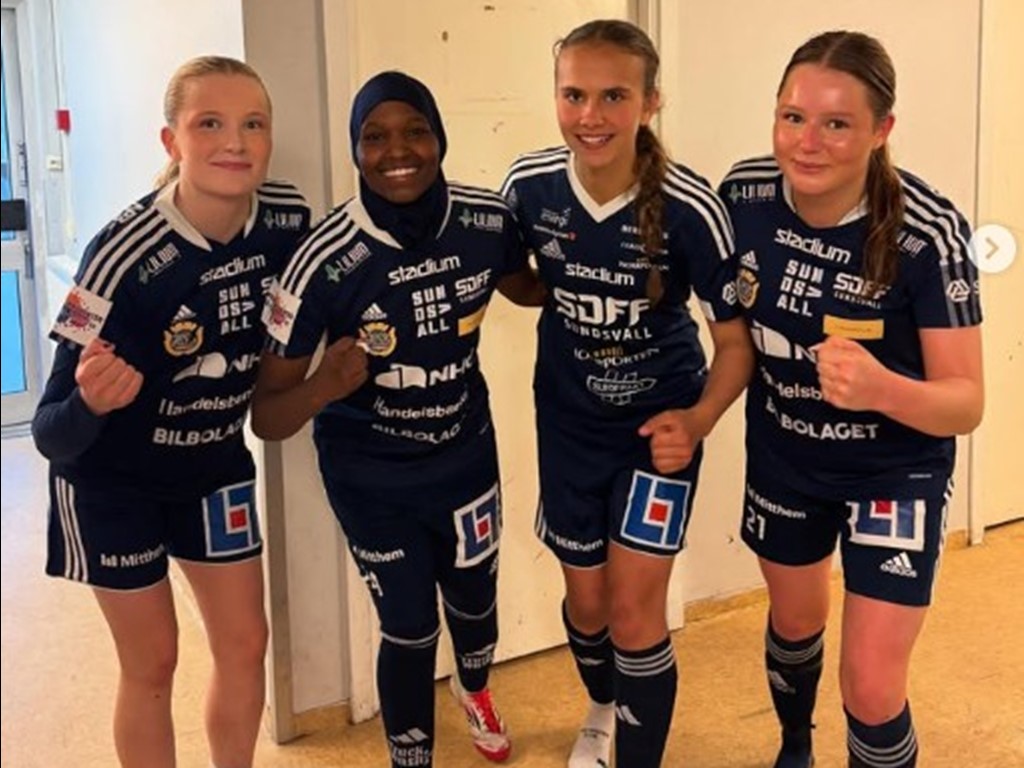 SDFF 2:s målgörare i derbyt mot IFK Timrå., Fr v Whilma Lundh, Nadifo Shino, Ella Brugge och Celina Erkonen Foto: SDFF