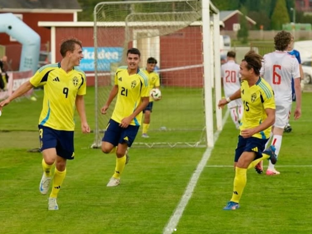 Emil Sadarangani jublar efter det ena av sina två mål mot Danmark när Sverige gick från 1-1 till en 3-1-ledning. Sedan tog det roliga slut på Selånger IP och Danmark vände till 3-4. Foto: Anders Thorsell, Sportactionpictures.